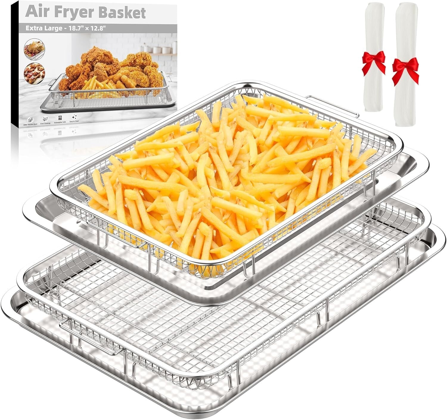 Dual-Sized Air Fryer Basket and Tray Set - Dishwasher Safe & Mess-Free Cooking