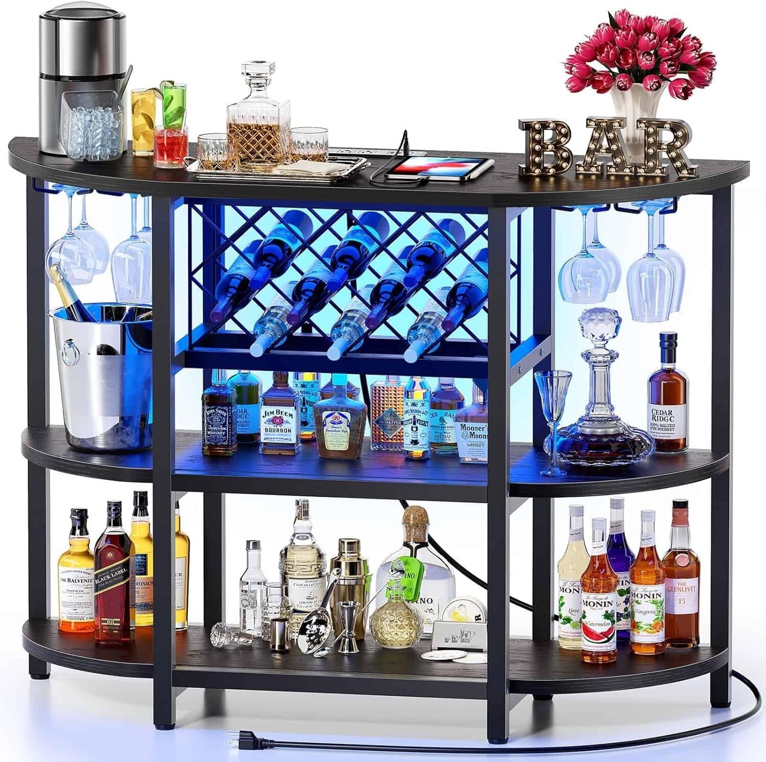 Compact Black Mini Bar Cabinet with RGB Lights and Built-in Charging Station