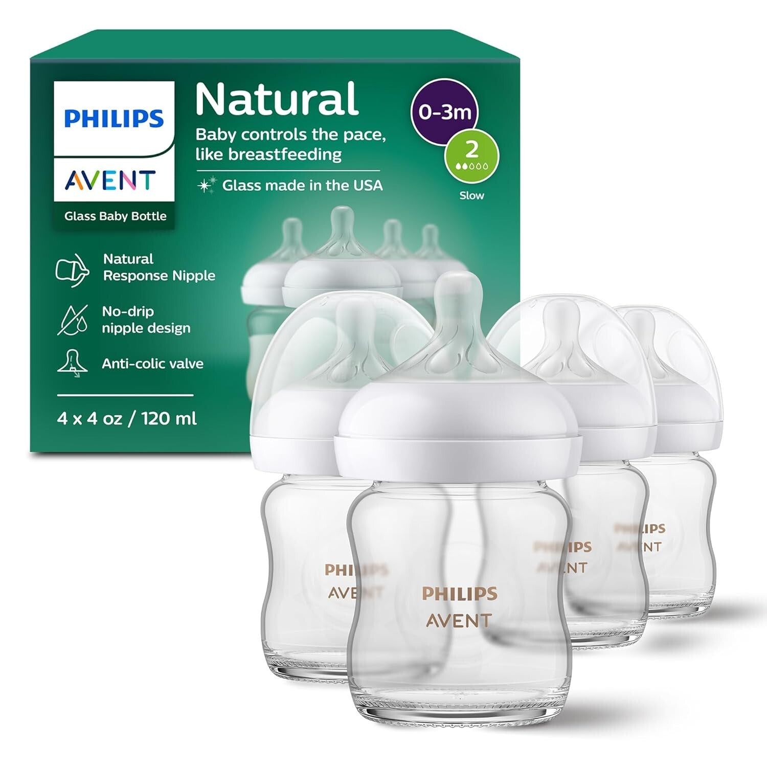 BPA-Free Philips 4oz Natural Glass Baby Bottles - No-Drip Vented Design