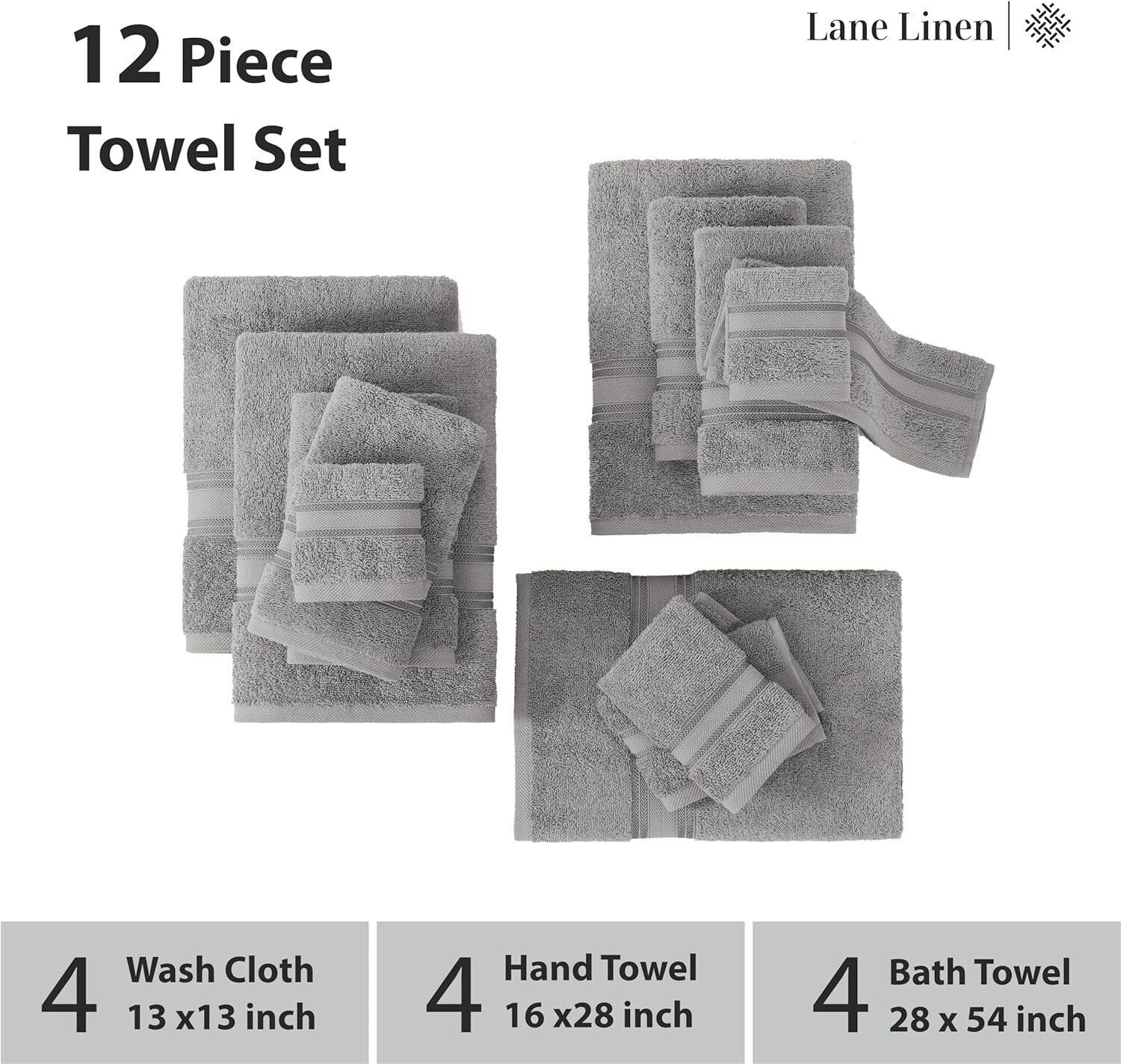 Elegant Space Grey 12-Piece Bath Towel Set - Luxurious 100% Cotton Collection