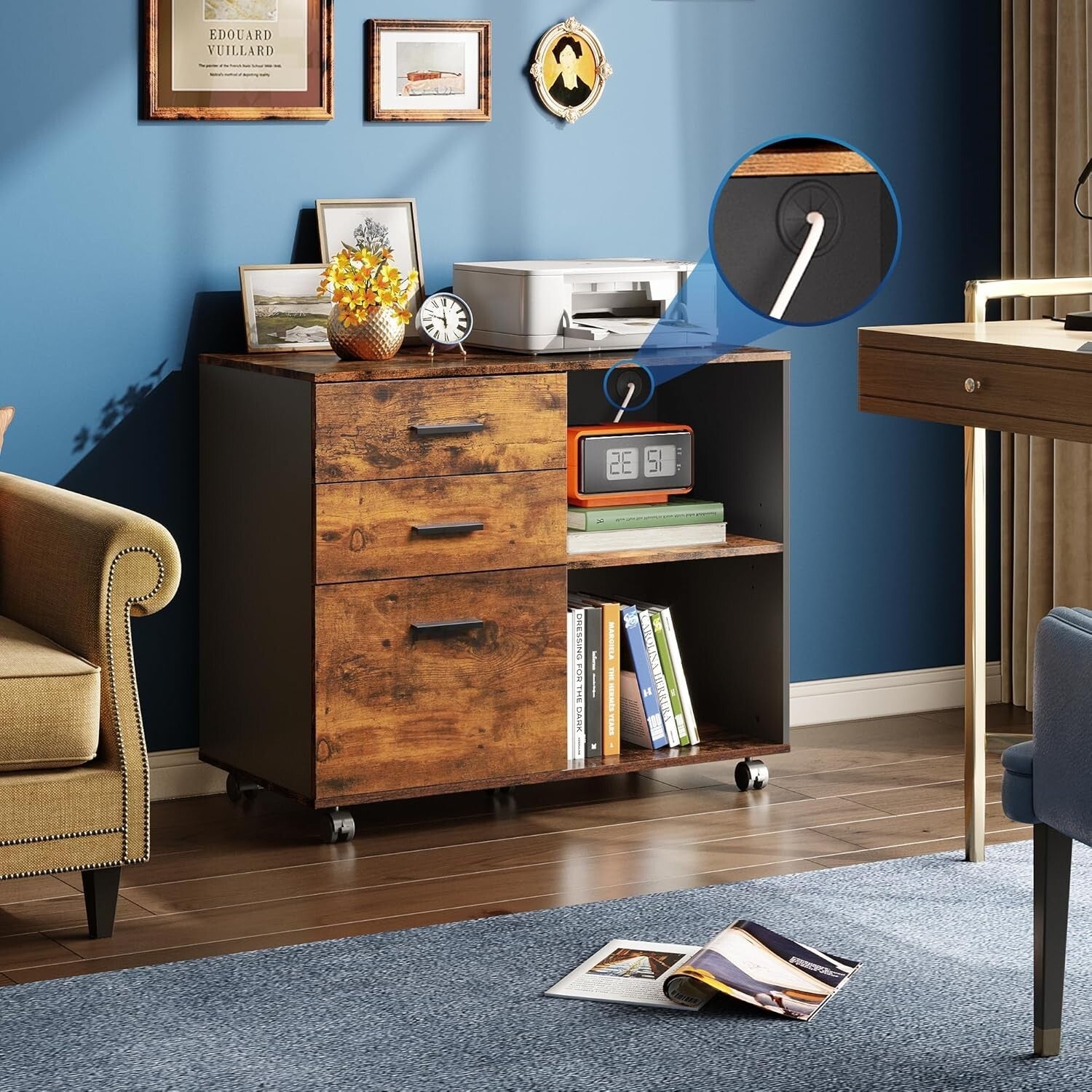 Rustic Brown 3 Drawer Mobile File Cabinet & Printer Stand with Open Shells