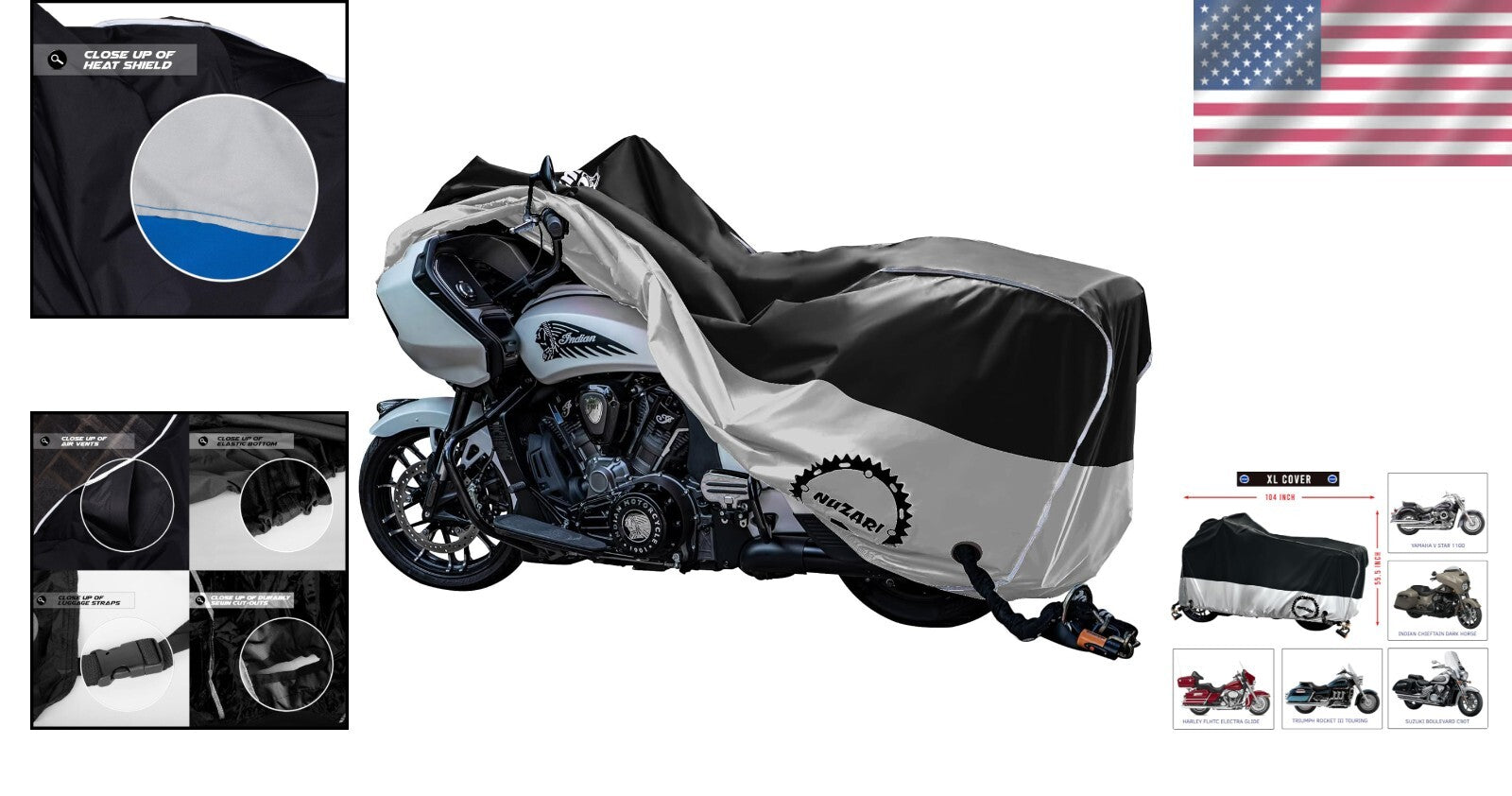 Breathable Extra Large Motorcycle Cover with Lockable Grommets and Luggage Strap