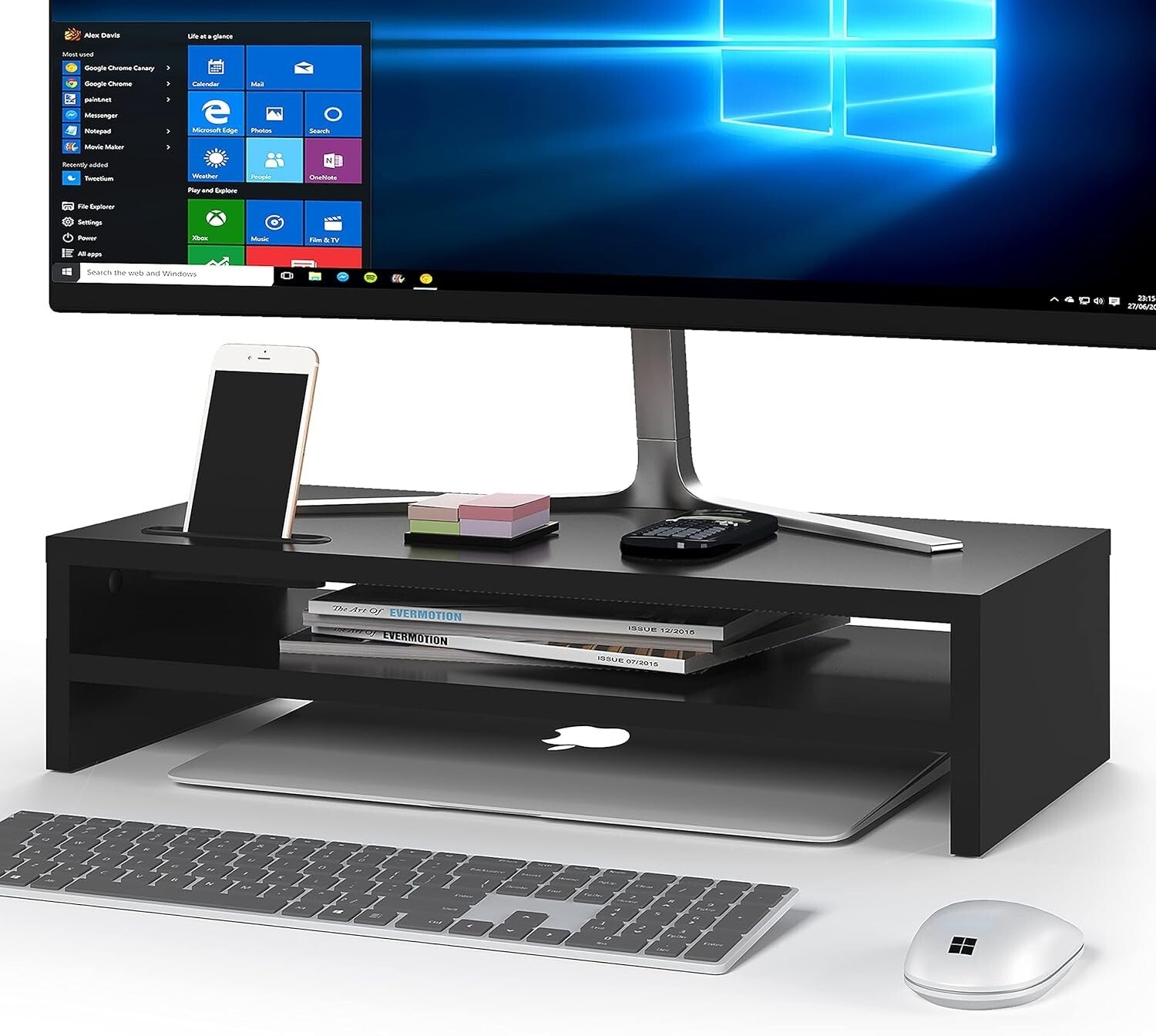 Ergonomic Black Monitor Stand Riser & 2-Tier Organizer with Cellphone Holder