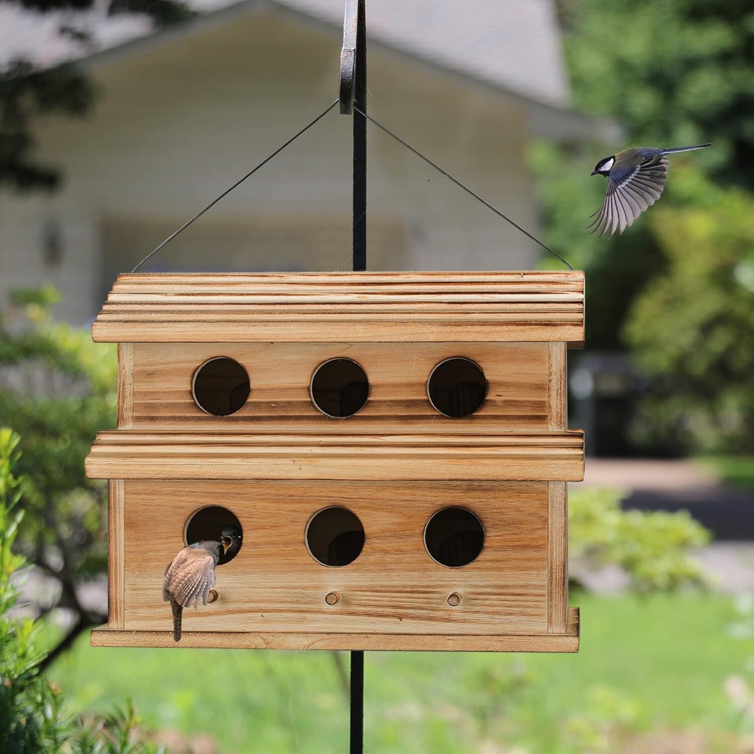 Traditional Wooden Bird House for 6 Families - Perfect for Bluebirds & Finches