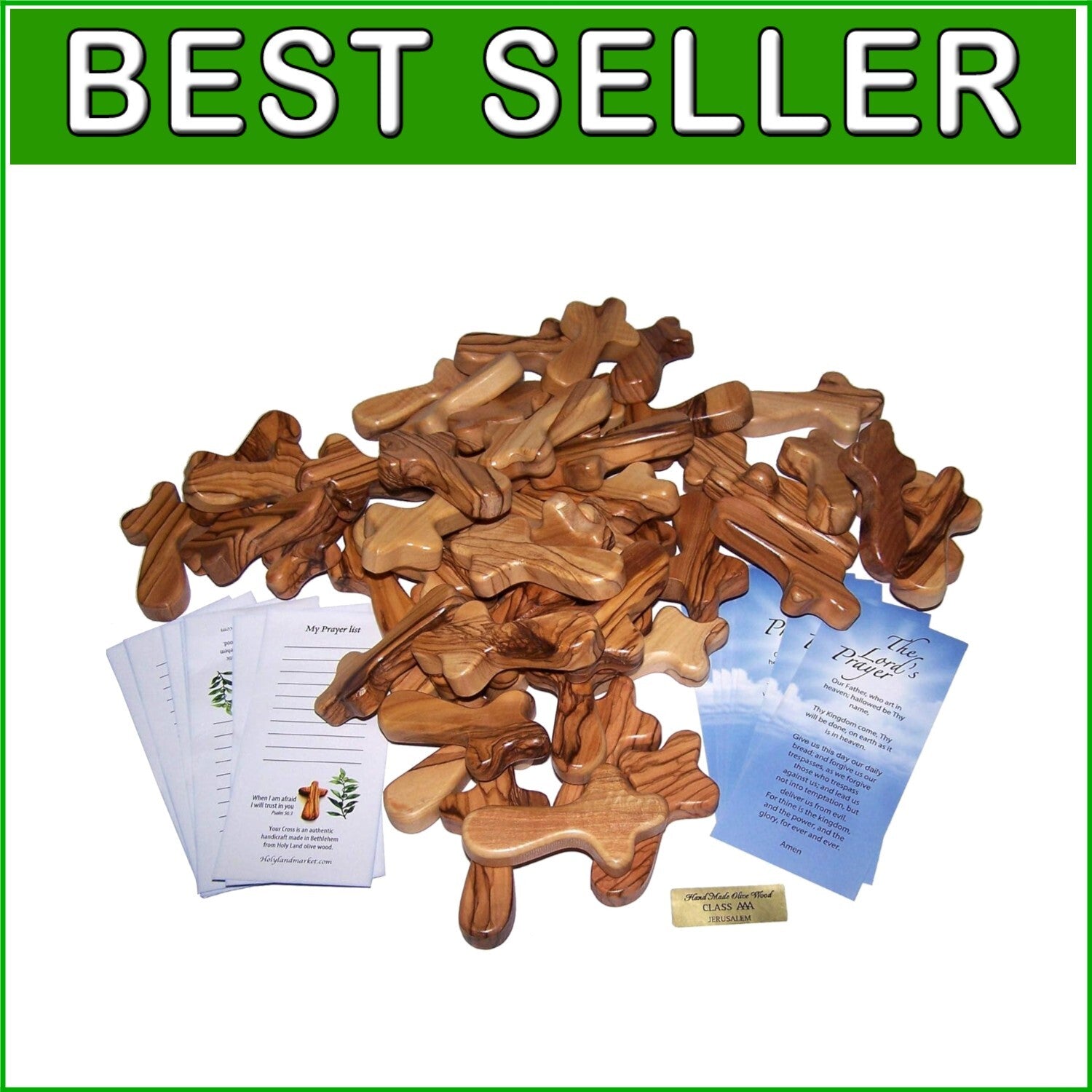 Inspirational 2.5" Olive Wood Palm Crosses with Lord Prayer Card - Pack of 50