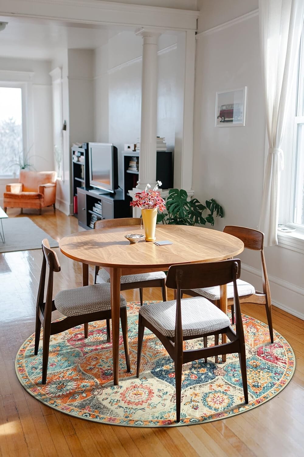 Washable Ultra-Thin Round Rug - 4ft Non-Slip Floral Carpet for Entryway & Home