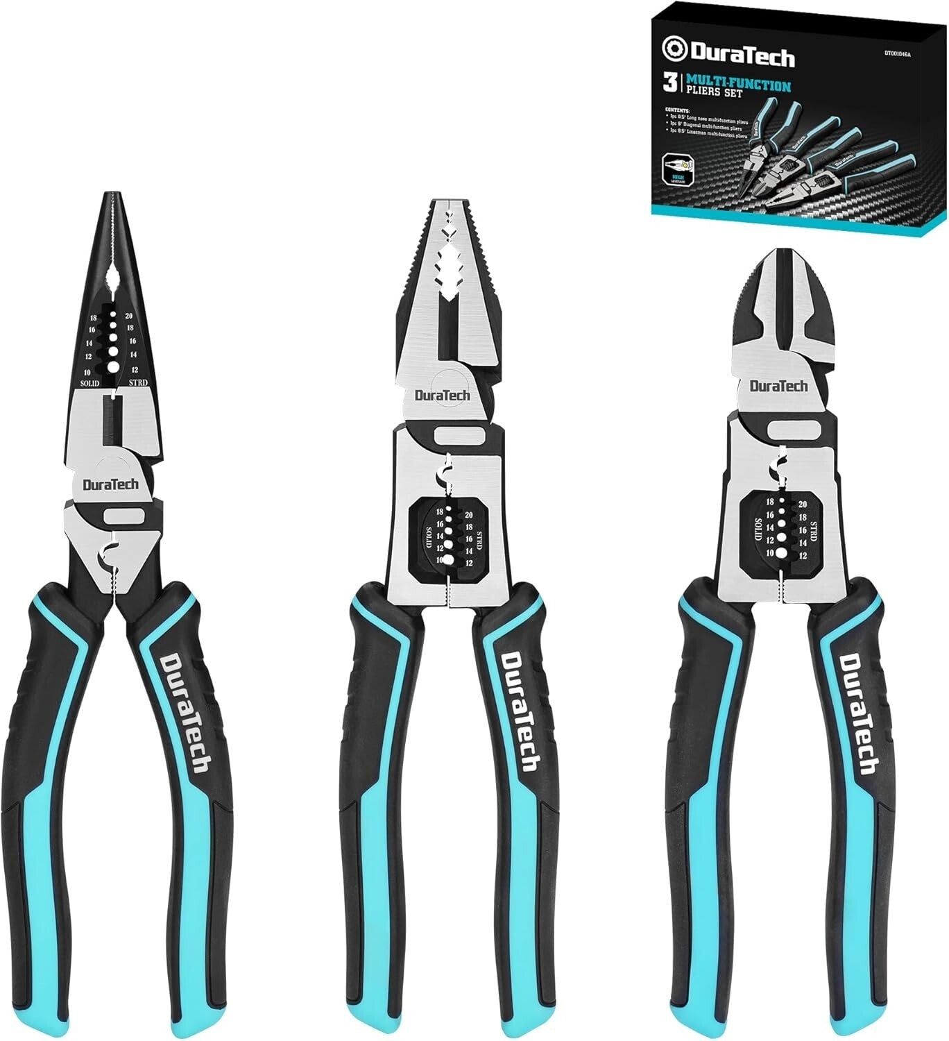 Ergonomic 3-Piece Pliers Set: 8.5" Lineman, Long Nose, and Diagonal Cutters