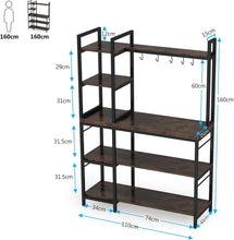 Load image into Gallery viewer, Rustic 43-Inch 5-Tier Bakers Rack with 10 Hooks – Large Kitchen Storage Solution