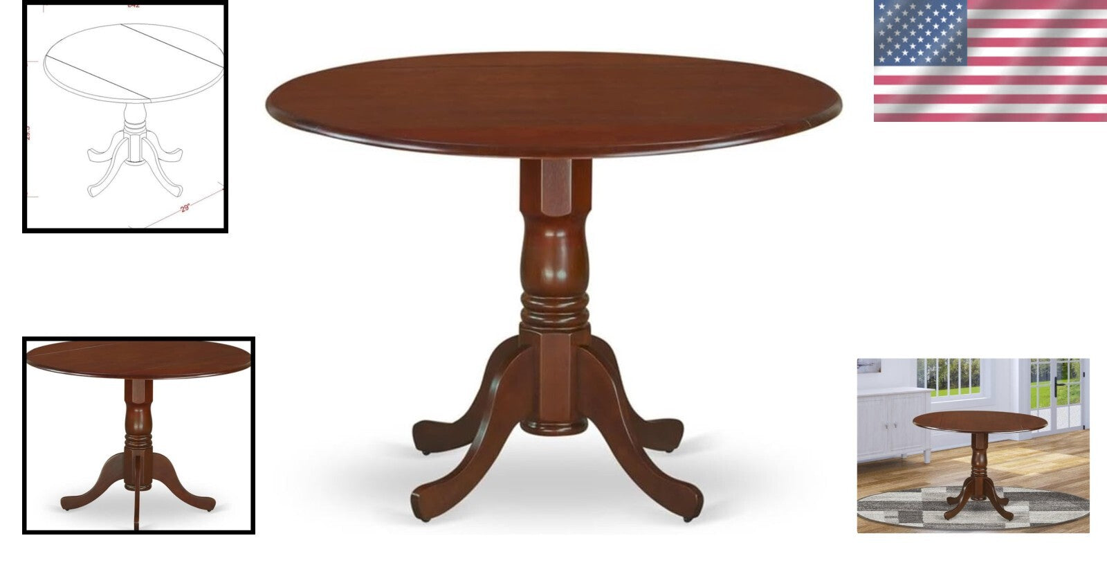 Elegant Mahogany Round Dining Table with Dropleaf - 42x42 Inch Pedestal Style