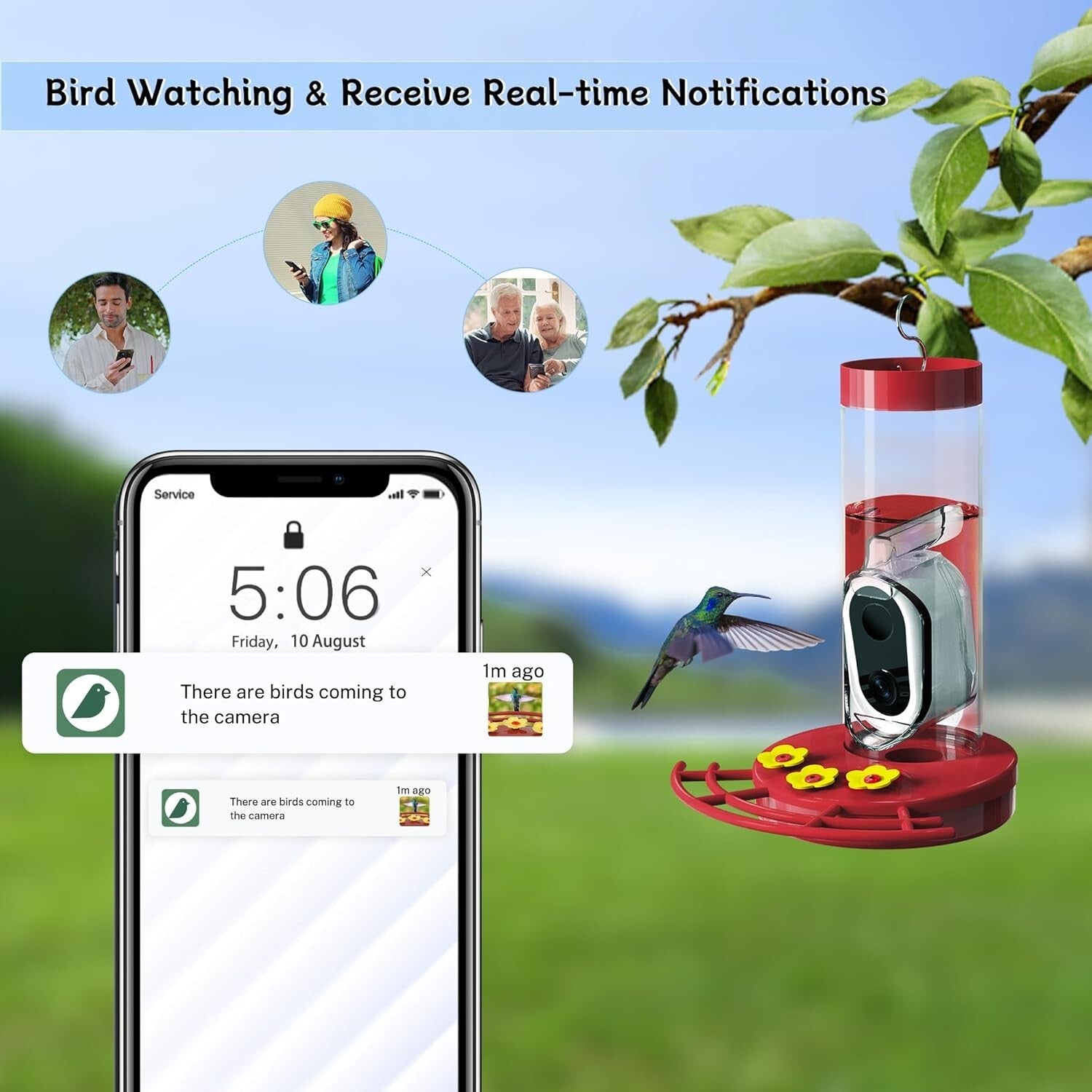20 Oz Hummingbird Feeder with AI Camera - Instant Notifications & Easy Refill