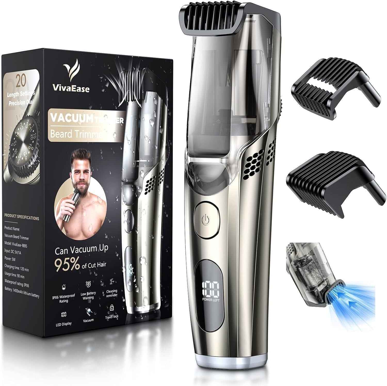 Electric Cordless Beard Trimmer with Vacuum & 2 Comb Attachments - Travel Ready