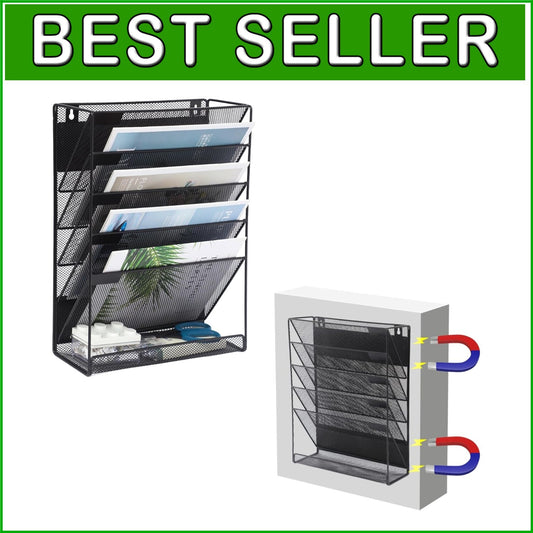 6-Tier Magnetic Wall-Mounted File Organizer - Stylish Black & Space-Saving