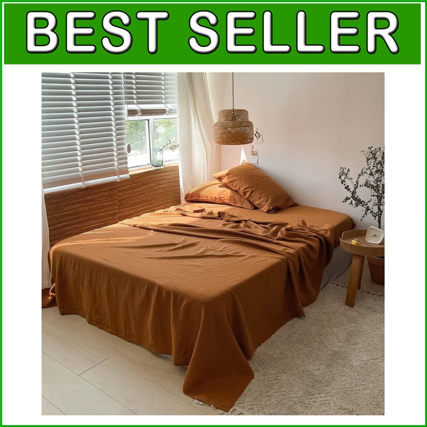 Elegant 4-Piece Rust Linen Bedding Set - King Size Pre-Washed Farmhouse Style