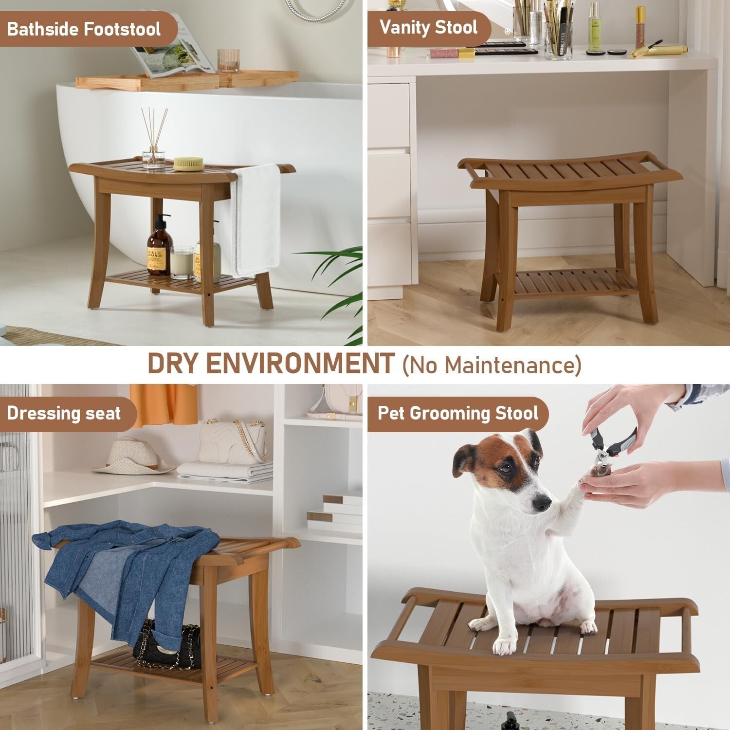 Waterproof Bamboo Shower Stool with Storage Shelf - Elegant Walnut Finish