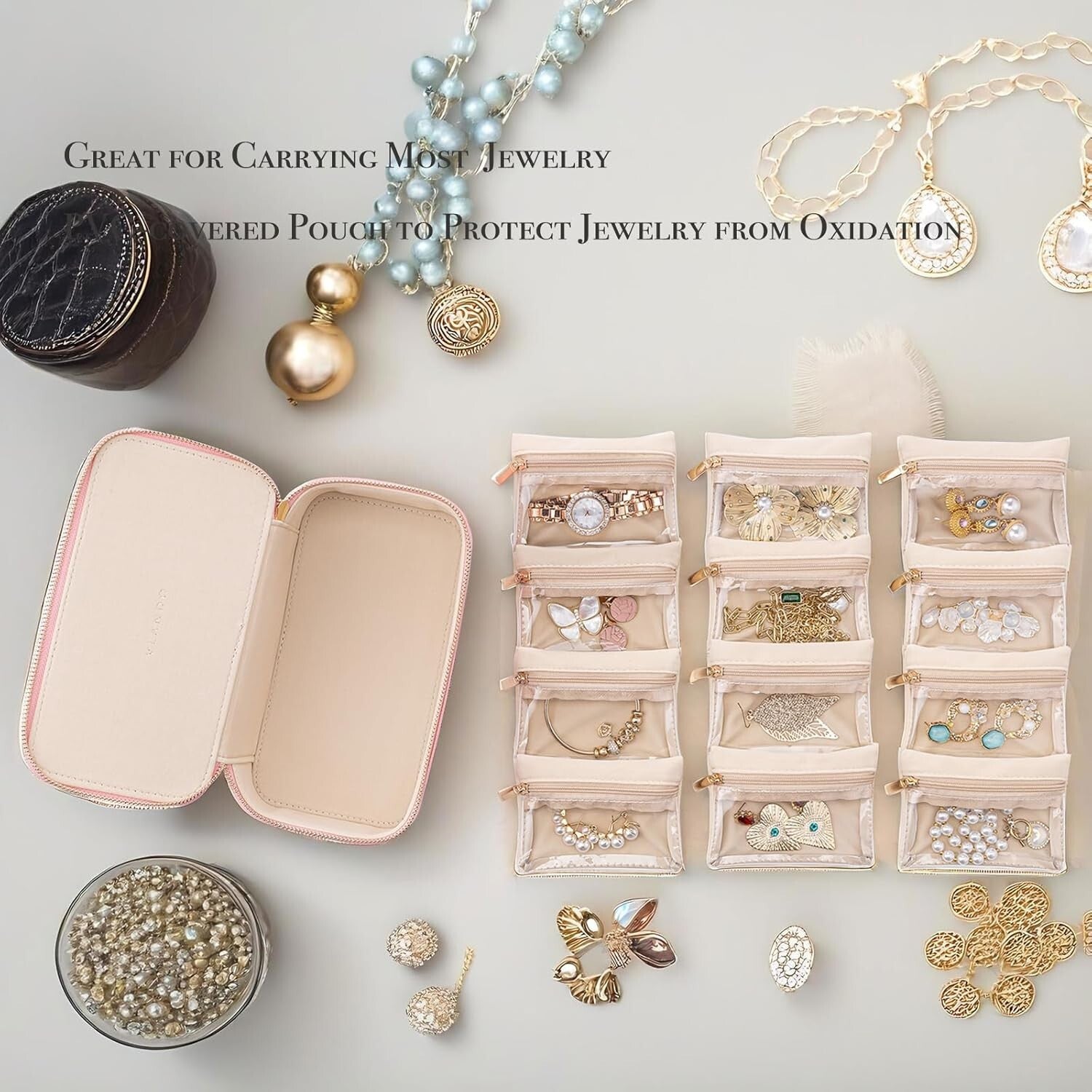 Faux Leather Travel Jewelry Box - 12 Convenient Zipped Pouches for All Jewelry