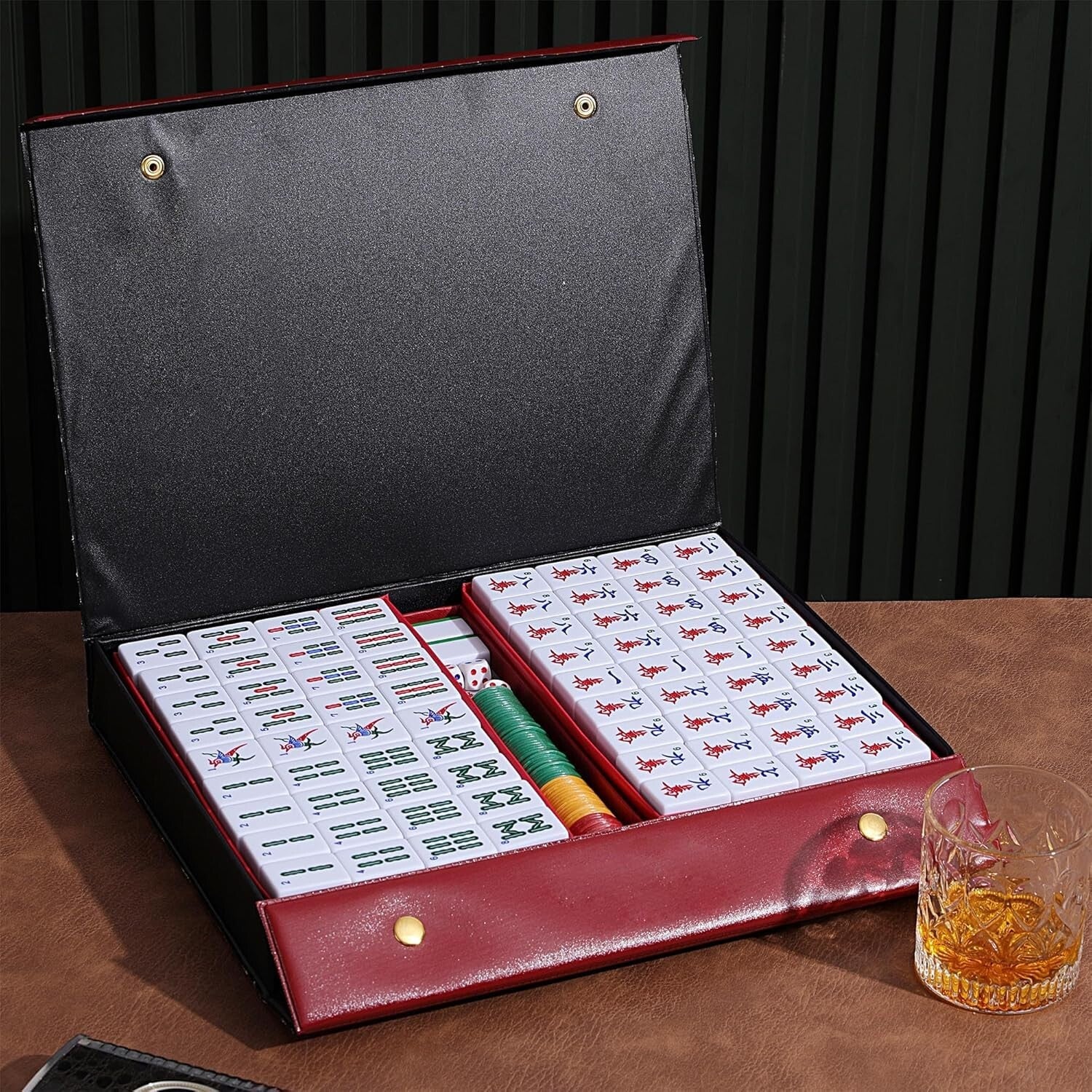 Compact Travel Mahjong Set - 146 Large Tiles & Brown Carrying Case Included