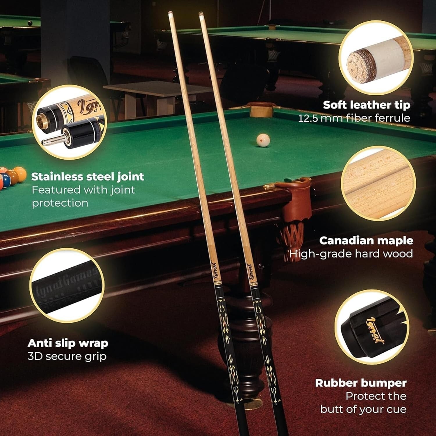 Complete 58" Pool Cue Set - Maple Cue, Care Kit, Glove & Chalk Accessories