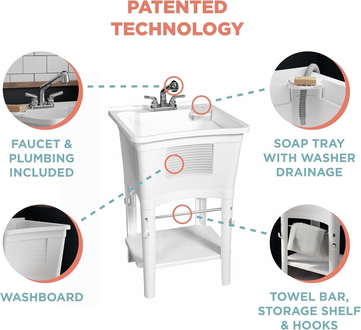All-in-One Utility Sink with Shelf & Hooks for Convenient Laundry Setup - White