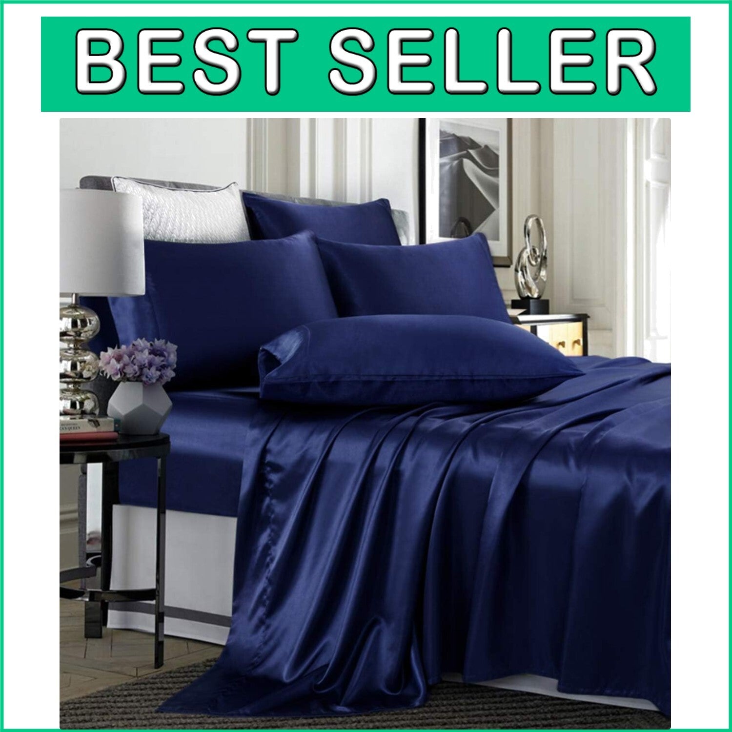 6-Piece Navy Blue King Size Satin Sheet Set - Deep Pocket & Luxurious Comfort