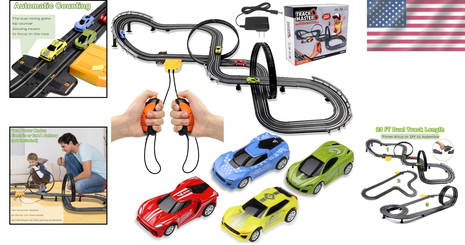 Complete Slot Car Racing Set with 23ft Track, 4 Cars & Competitive Lap Counters