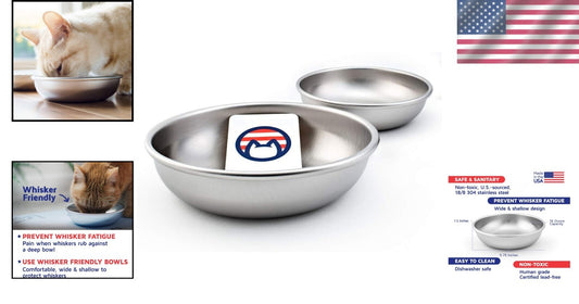 Whisker Friendly Stainless Steel Cat Bowls - 2 Durable Dishwasher Safe Dishes