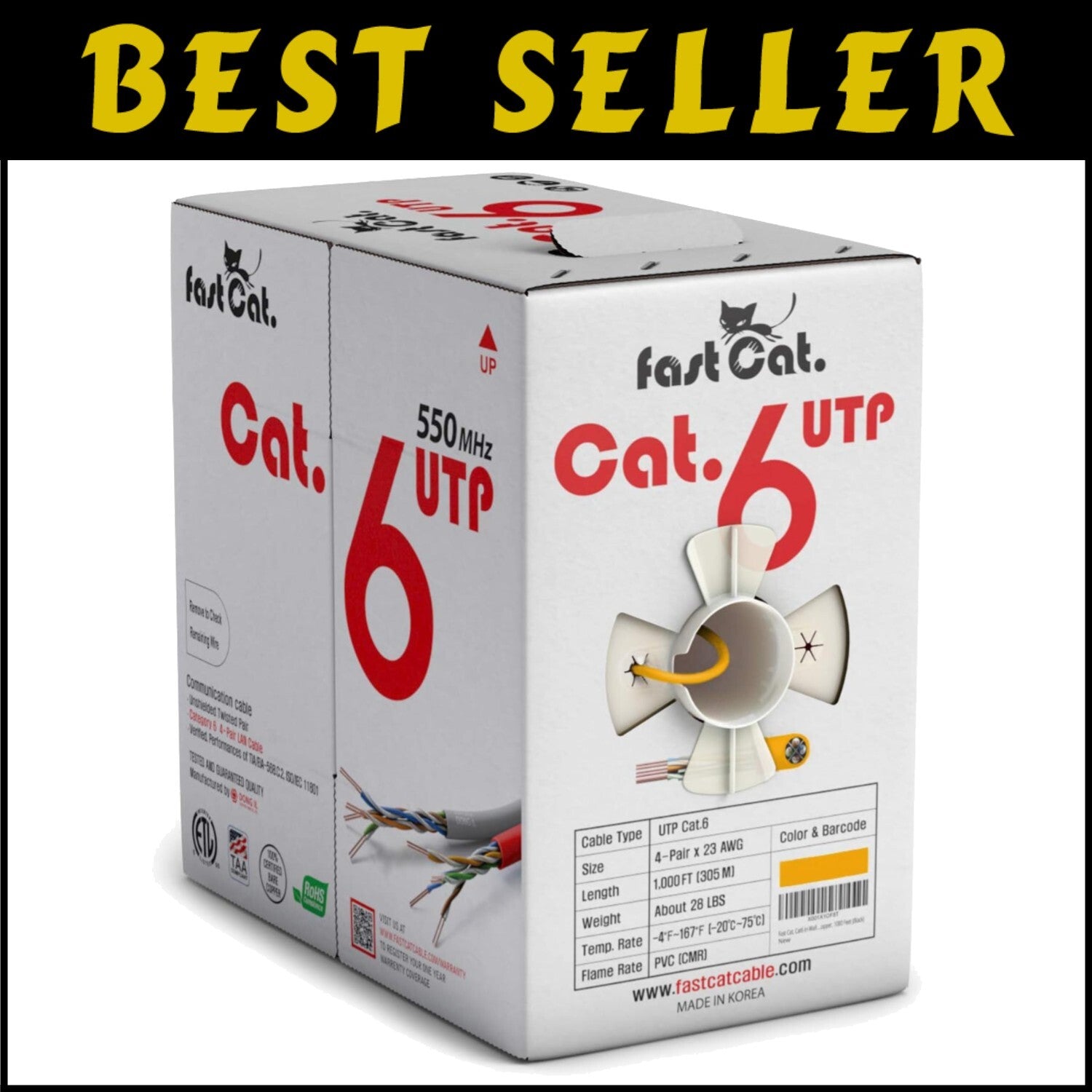 Cat 6 Ethernet Cable 1000ft - CMR Yellow, Lightning Speed, Low-Crosstalk Design