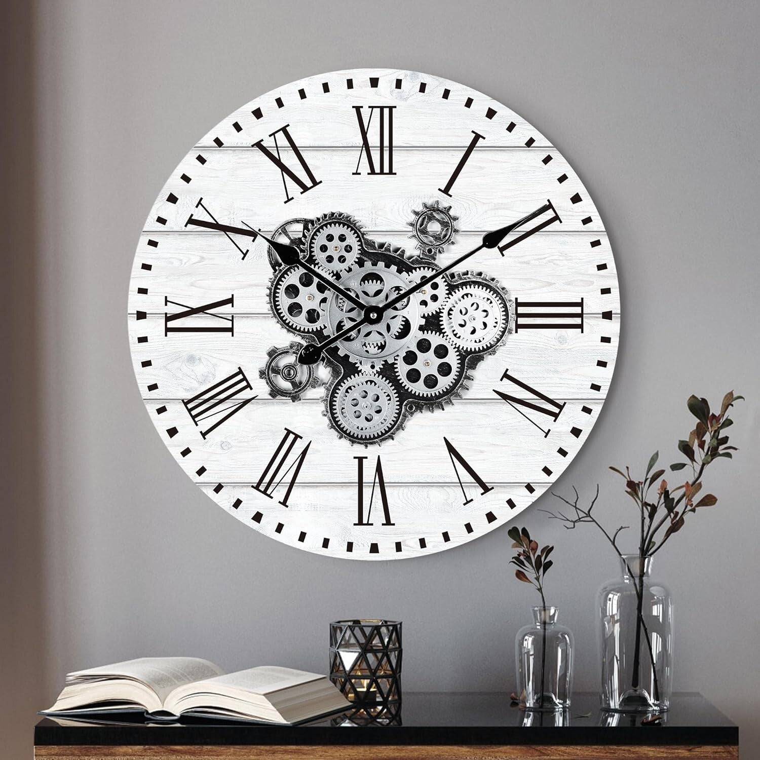 Stylish 23" White Farmhouse Wall Clock with Real Moving Gears for Home Offices