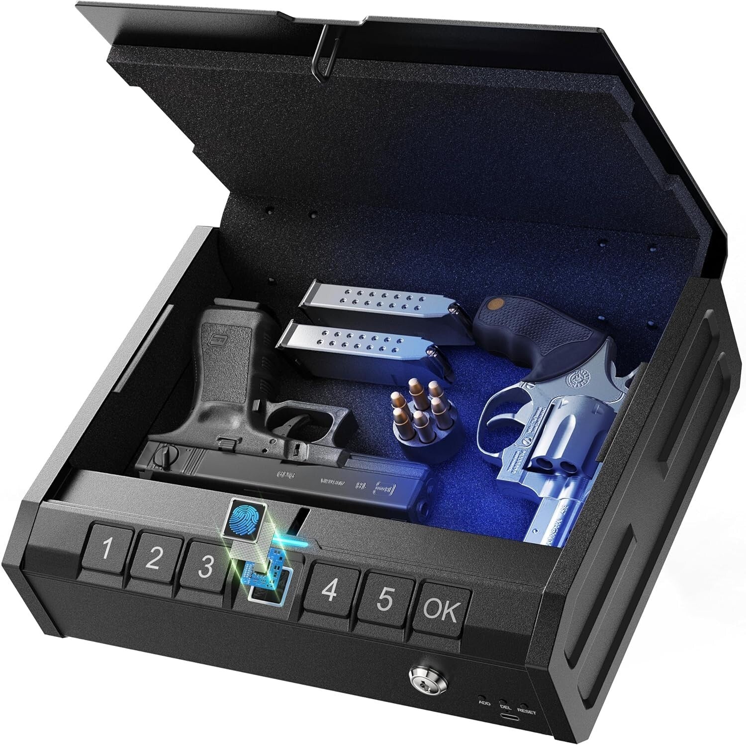 Steel Biometric Gun Lock Box with Emergency Power Supply - Ideal for Home or Car