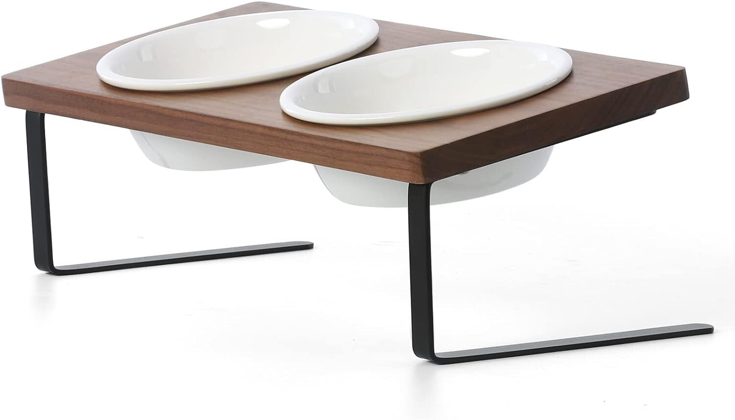 No-Mess Elevated Ceramic Bowls for Cats and Small Dogs - Natural Walnut Stand