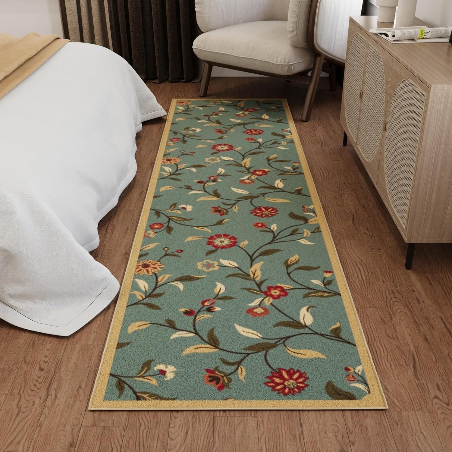 Elegant 2'7" x 9'10" Floral Runner Rug with Non-Slip Backing - Seafoam Green