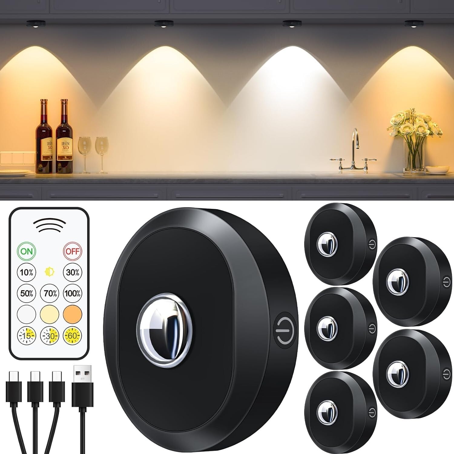 6 Pack of Dimmable Rechargeable Under Cabinet Lights with Remote Control & Timer