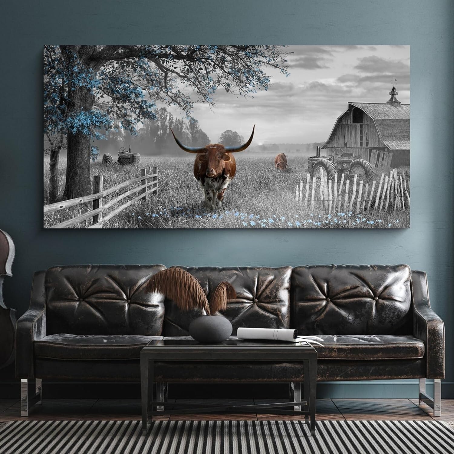 Western Decor 48x24 Longhorn Cow Canvas - Elevate Your Farmhouse Style