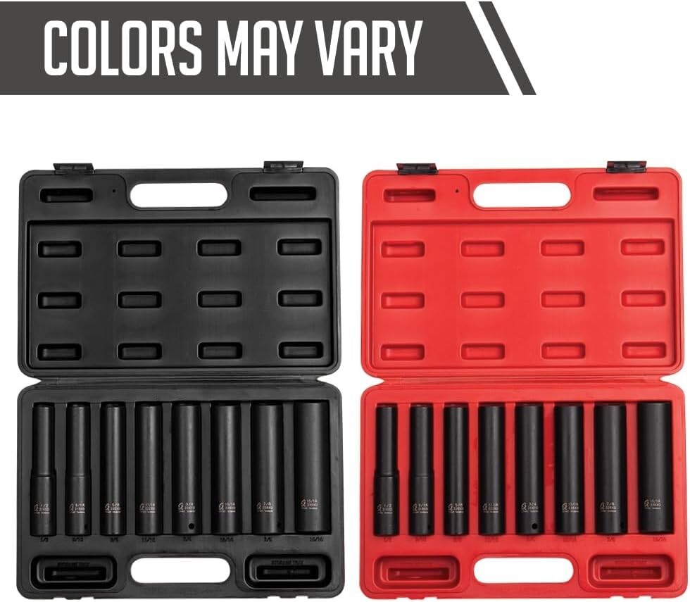 8-Piece SAE Impact Socket Set - Extra Long Deep CR-Mo Steel, Heavy-Duty Case