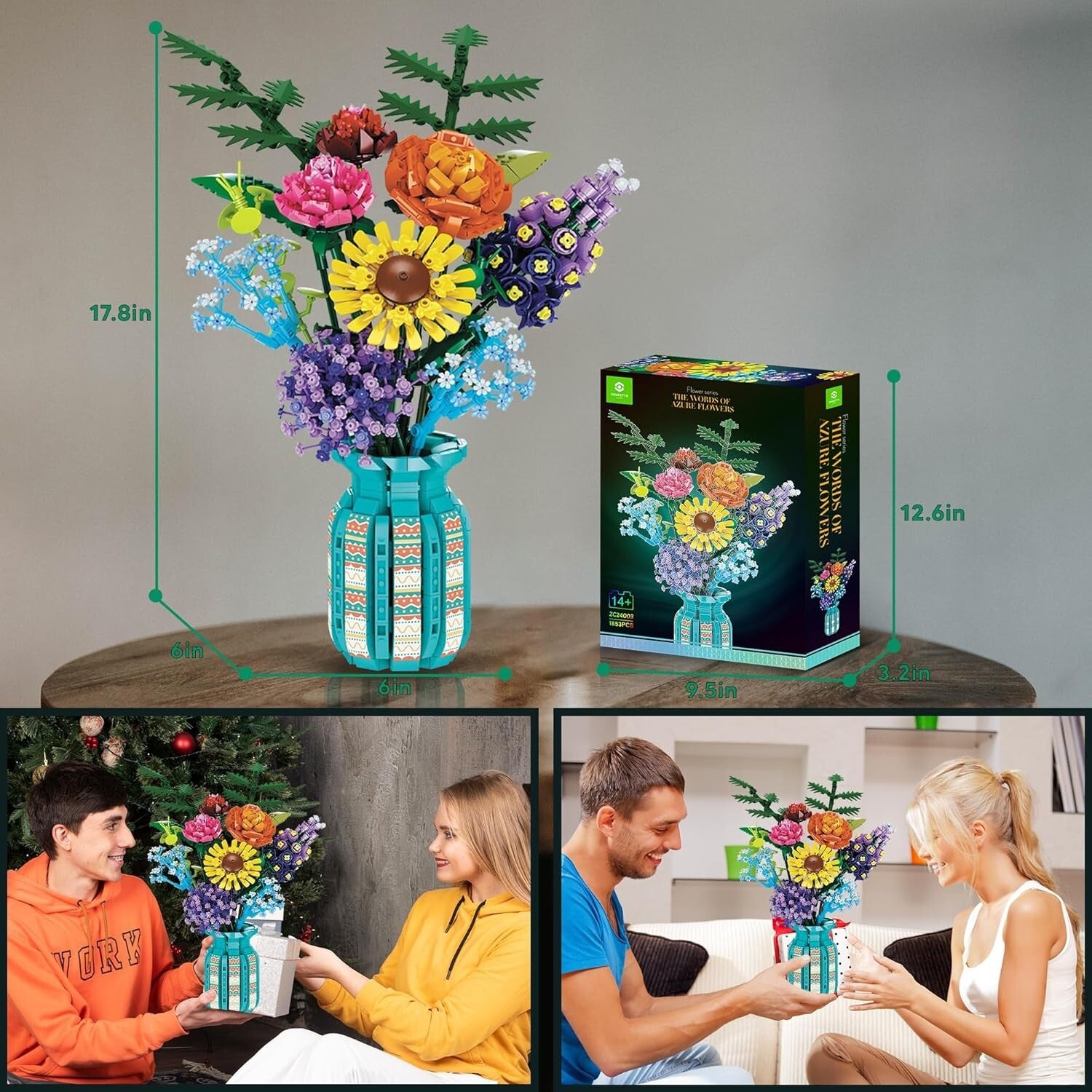 1853pcs Building Blocks Flower Bouquet Set with Adjustable Vase - Perfect Gift