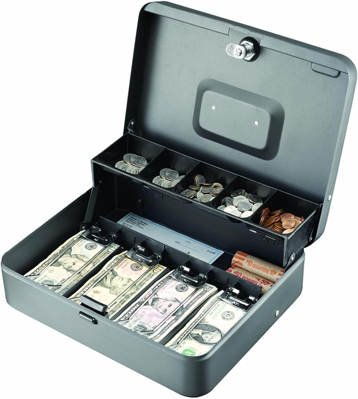 Secure Alloy Steel Cash Box with Tiered Tray and Recessed Handle | 11.81" W