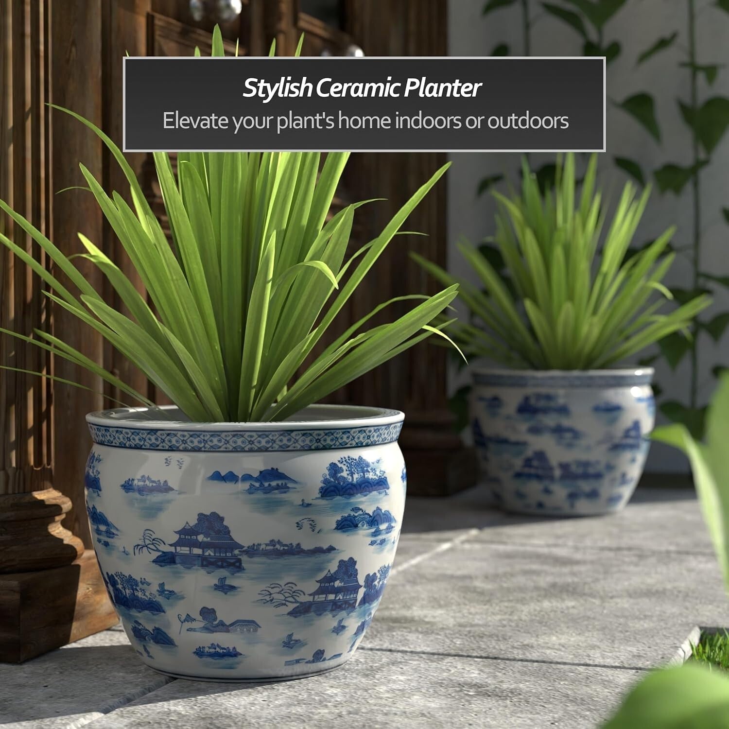 Artisanal 16" Floral Patterned Blue & White Fishbowl Planter – Timeless Elegance