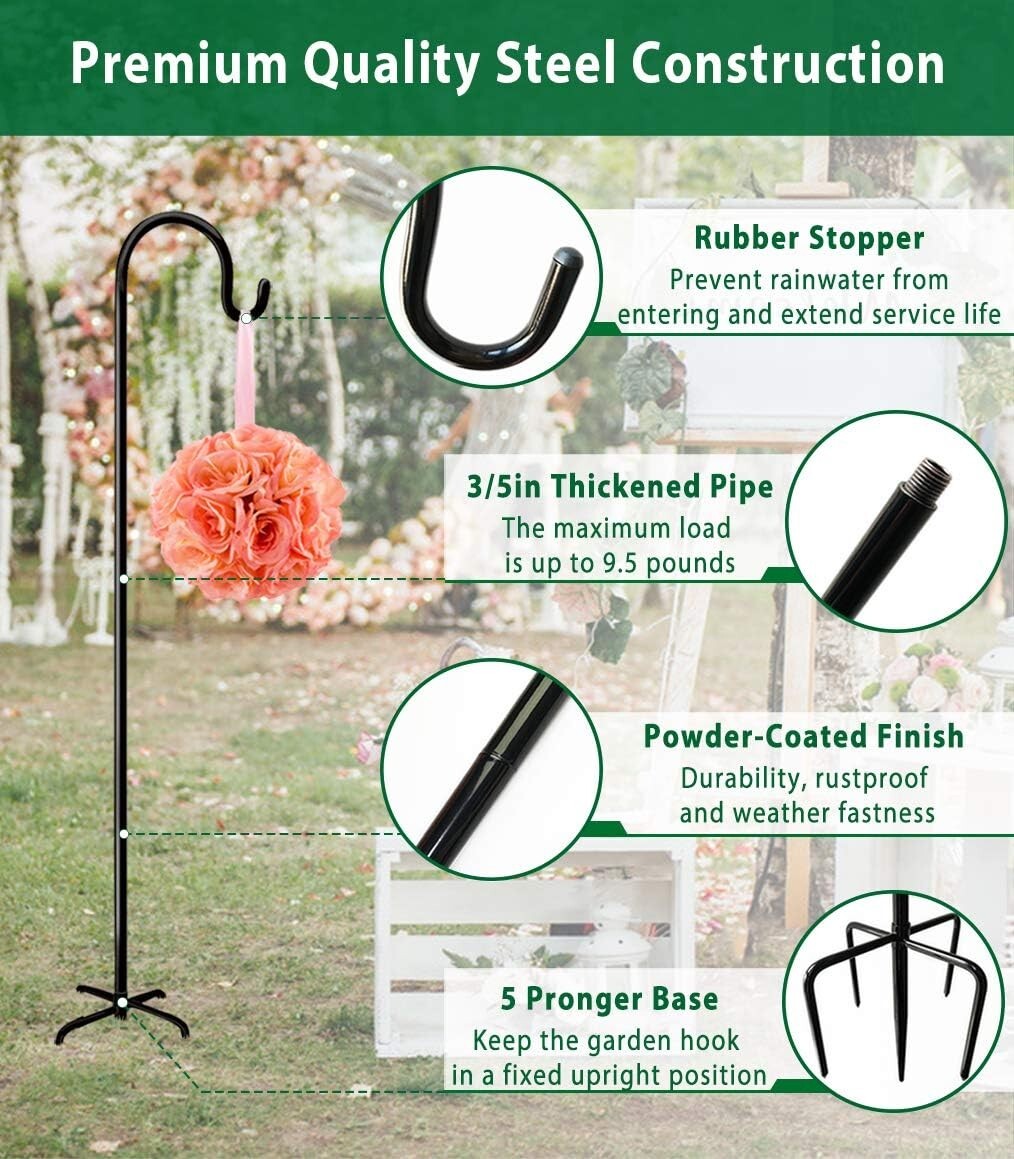 Black Powder-Coated Adjustable Outdoor Shepherd Hook, 5 Prongs for Stability