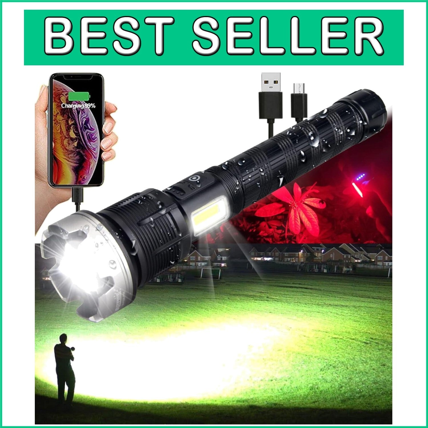 Brightest 10000 Lumens LED Flashlight with Power Bank, Adjustable Focus & Strobe