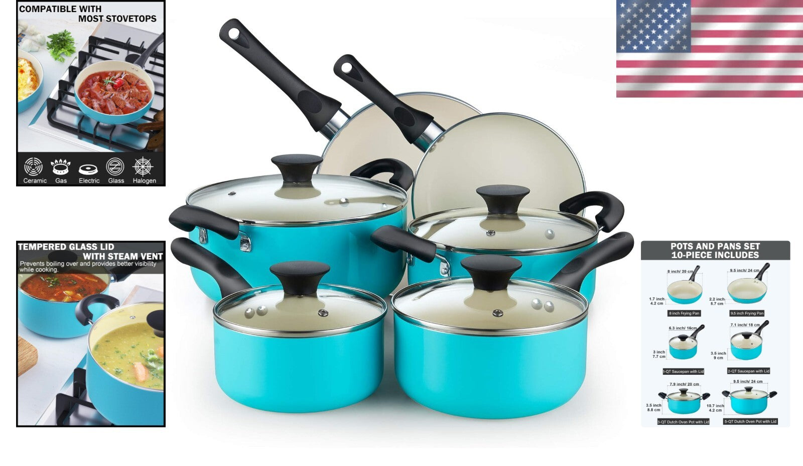 Premium 10-Piece Nonstick Cookware Set with Glass Lids in Elegant Turquoise