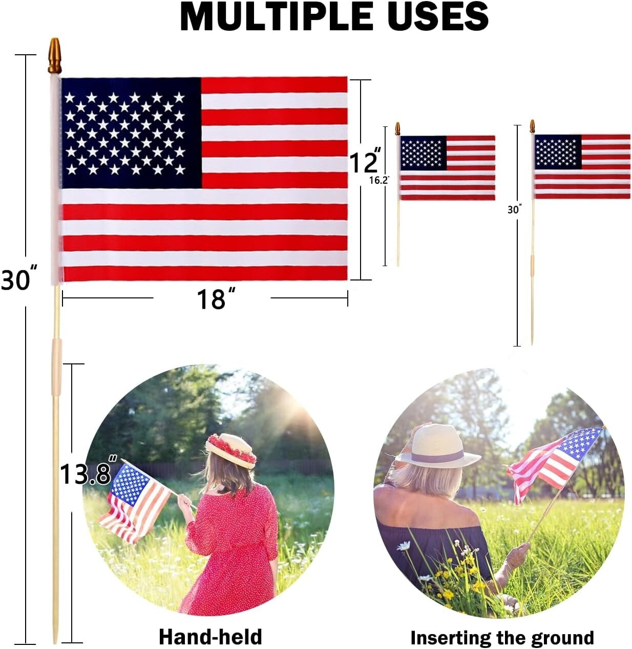 Multi-Purpose 100 Pcs American Flags with Connectable Flag Poles - Outdoor Decor