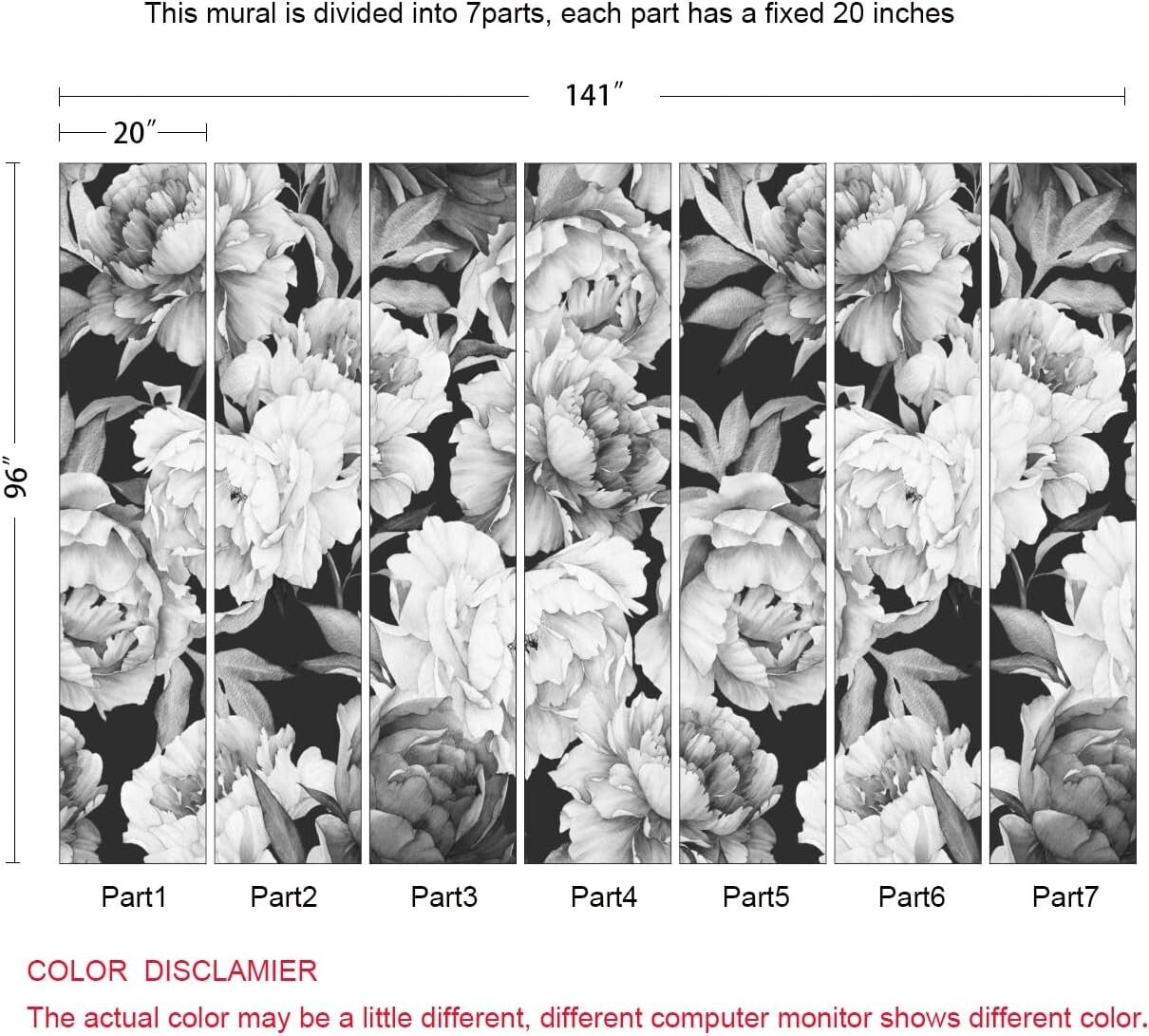 Watercolor Peonies Wallpaper Mural in Elegant Design - 7 Easy-Install Strips