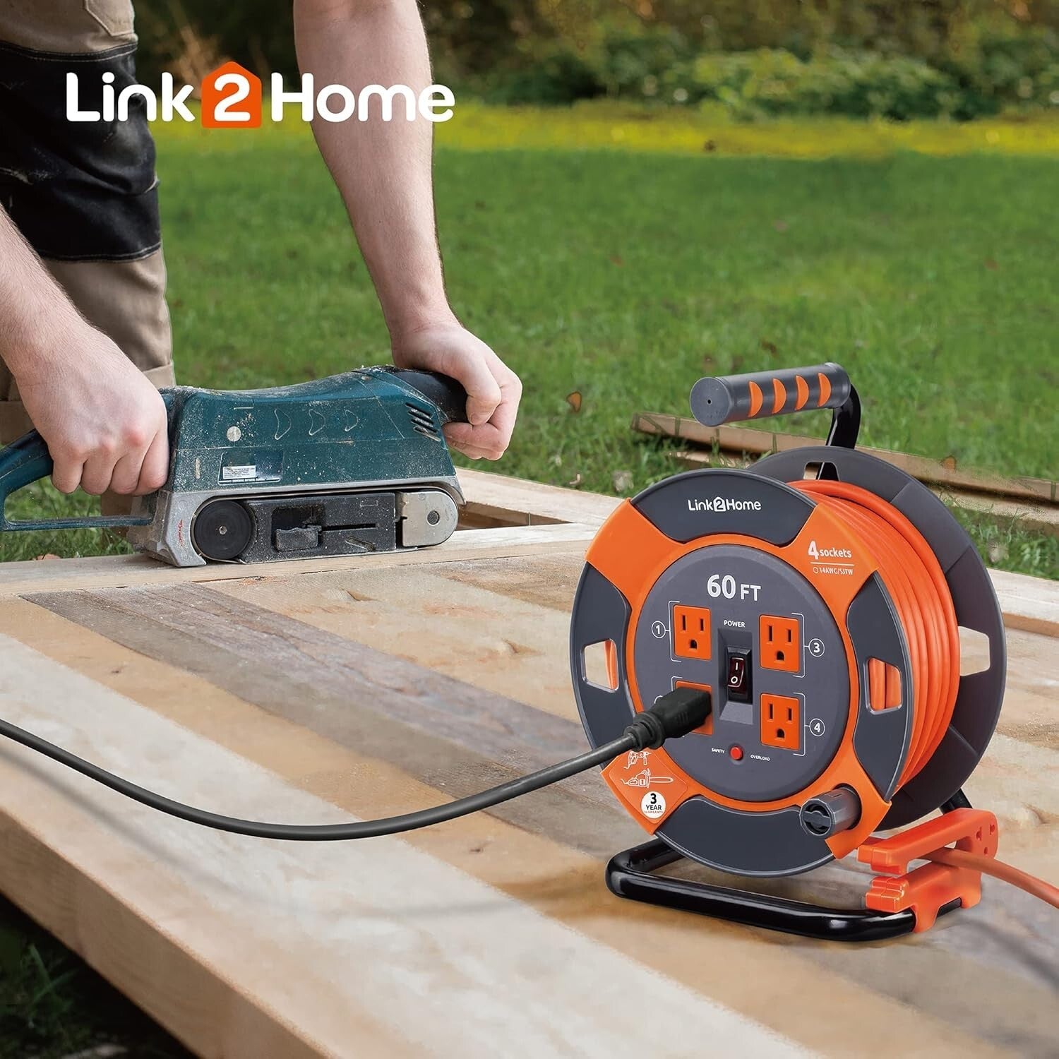 60 Ft High Visibility Extension Cord Reel - 4 Outlets & Tangle-Free Management