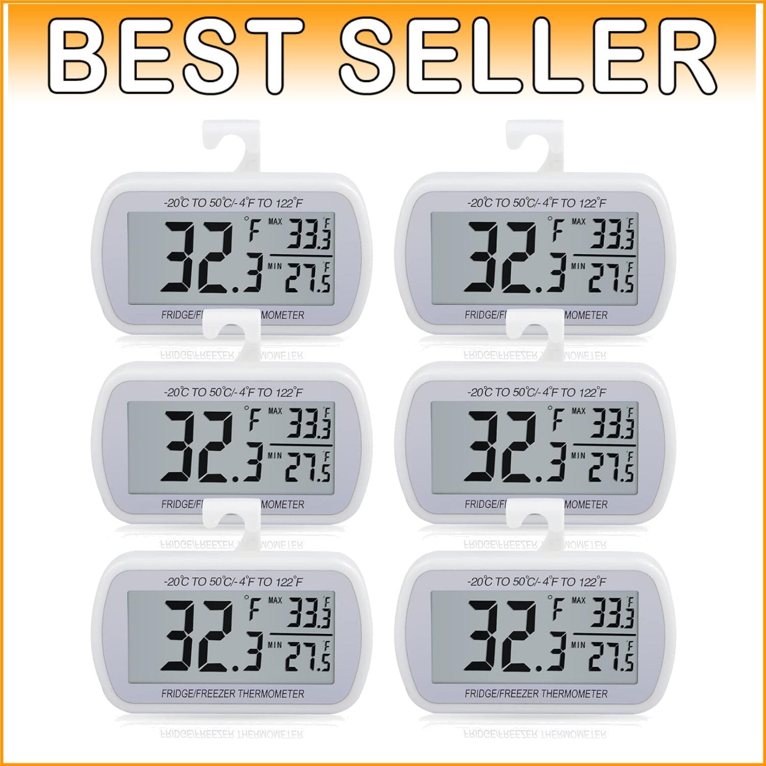 Easy Read 6-Pack Waterproof Digital Thermometers for Refrigerators & Freezers