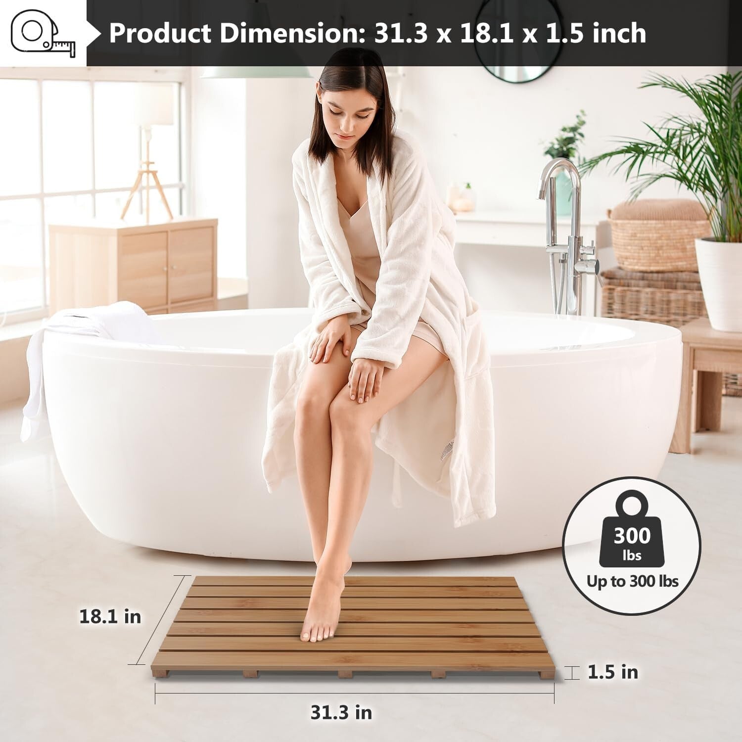 Durable Walnut Bamboo Shower Mat - Large Non-Slip Waterproof Design, 31.3 x 18.1