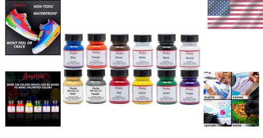 All-in-One Leather Paint Set: 12 Colors in 1 Oz Bottles with Brush Included