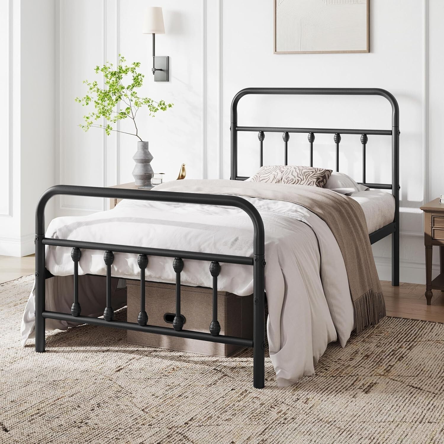 Twin Iron Metal Bed Frame with Victorian Style and Under-Bed Storage - Black