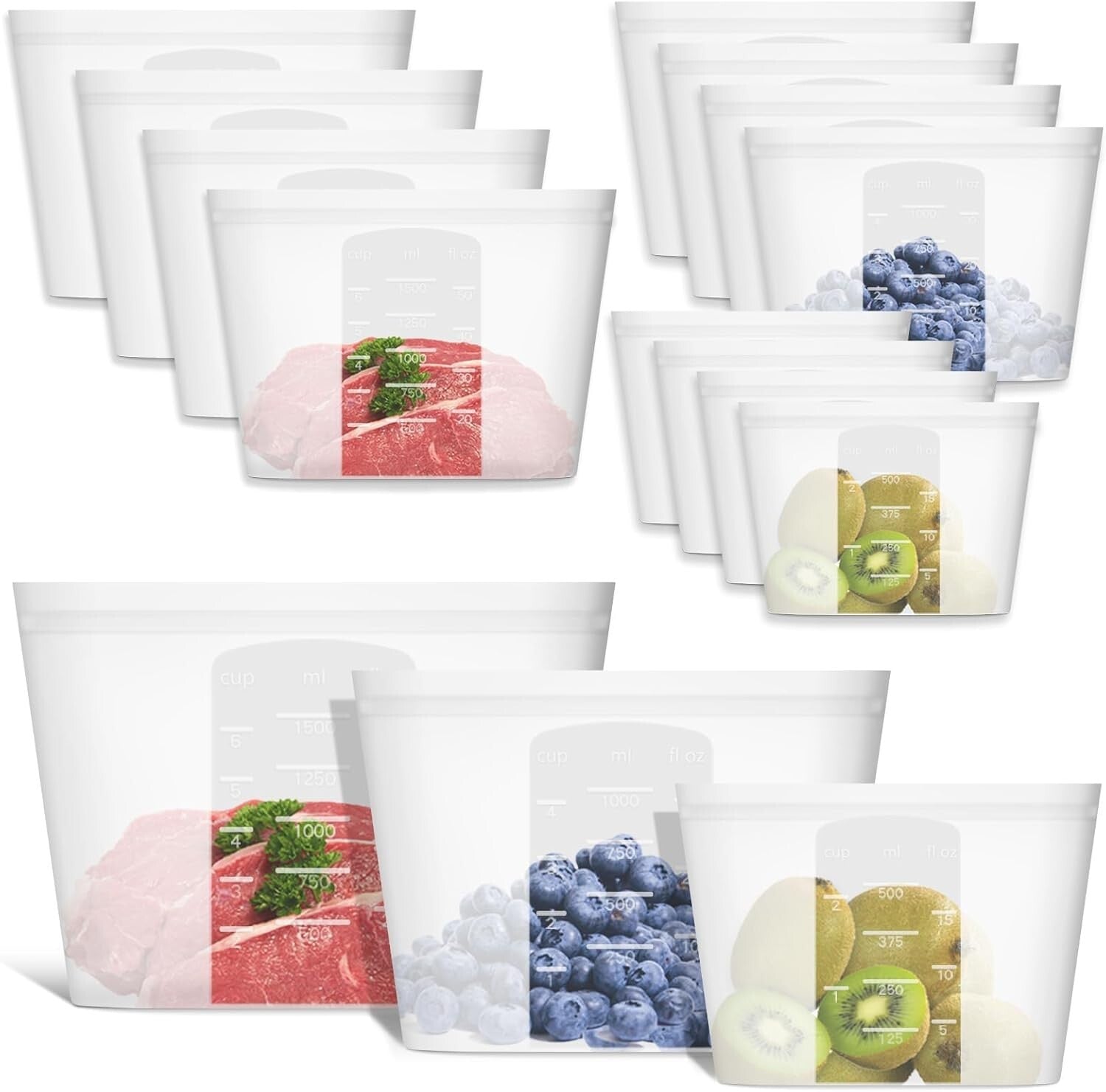 12-Pack Food-Grade Silicone Bags - Ziplock, Microwave, Freezer, Dishwasher Safe