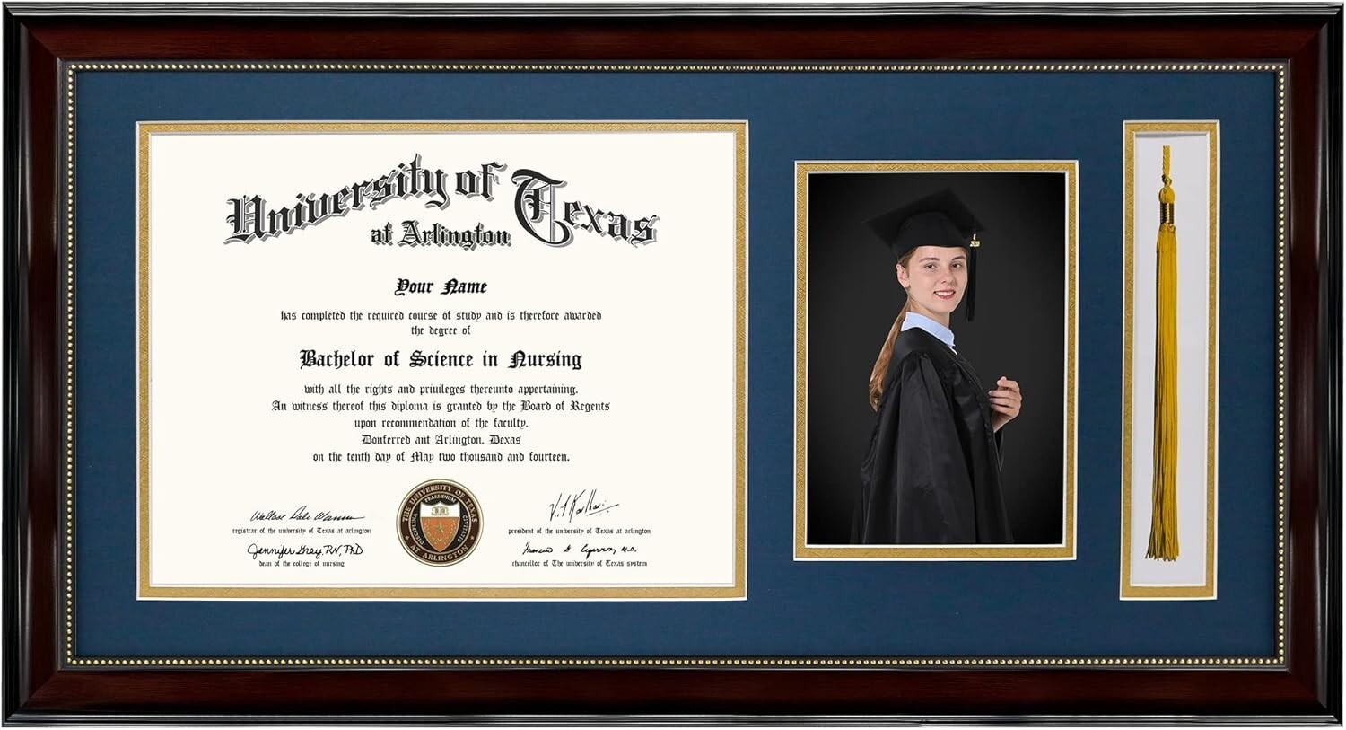 Elegant 11x22 Mahogany Diploma Frame with Tassel Holder and Navy Gold Mat