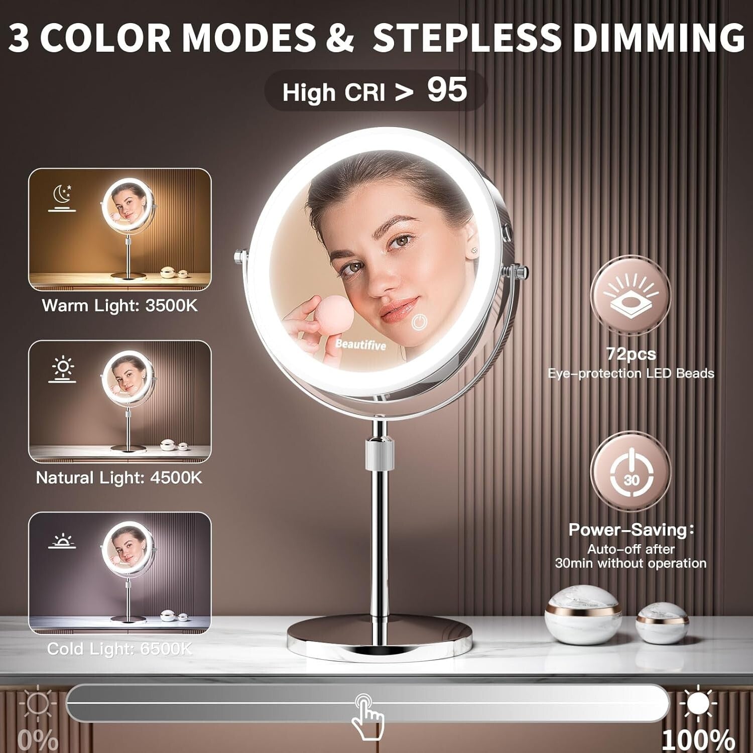 Rechargeable 8” Makeup Mirror with 15X Magnification & Stepless Dimming Light