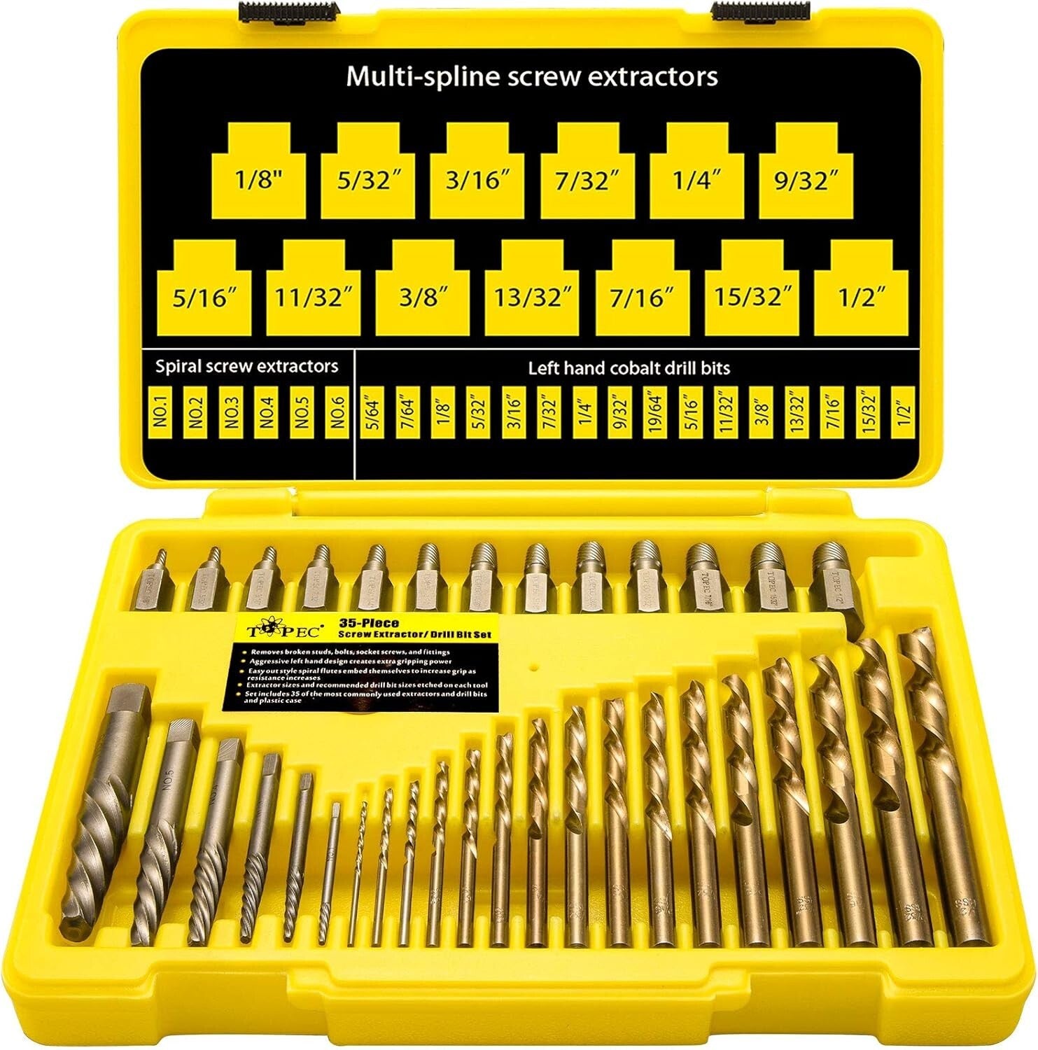 Durable 35-Piece Set - Easy Out Screw Extractors and Left Hand Drilling Solution